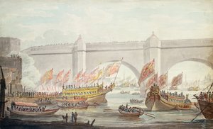 El Alcalde desembarcando en Westminster, con una vista del puente, 1840 de English School